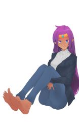 Rule 34 | 1girl, barefoot, blue jacket, casual, closed mouth, dark skin, dark-skinned female, denim, feet, hair down, hands under legs, highres, jacket, jeans, jewelry, legs, long hair, looking at viewer, mein (artist), open clothes, open jacket, pants, pointy ears, purple hair, shantae, shantae (series), simple background, sitting, smile, soles, solo, sweater, tiara, toes, turtleneck, turtleneck sweater, very long hair, white background, white sweater