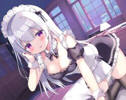 Rule 34 | 1girl, :d, azumi kazuki, black dress, blush, breasts, chair, cleavage, commentary request, day, desk, desk lamp, detached sleeves, dress, frilled dress, frills, grey hair, hair between eyes, hand up, highres, indoors, lamp, leaning forward, long hair, looking at viewer, maid, maid headdress, medium breasts, open mouth, original, puffy short sleeves, puffy sleeves, purple eyes, see-through, see-through sleeves, short sleeves, sleeveless, sleeveless dress, smile, solo, very long hair, window, wrist cuffs