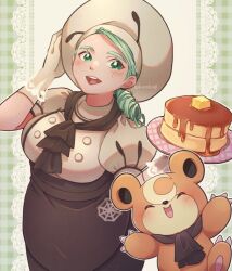 Rule 34 | 1girl, :d, apron, ascot, blush, breasts, brown apron, brown ascot, brown skirt, butter, buttons, commentary request, creatures (company), double-breasted, food, game freak, gen 2 pokemon, gloves, green eyes, green hair, hands up, hat, holding, holding plate, katy (pokemon), large breasts, medium breasts, nintendo, open mouth, pancake, plate, pokemon, pokemon (creature), pokemon sv, puffy sleeves, s (happycolor 329), shirt, short sleeves, skirt, smile, teddiursa, teeth, tongue, upper teeth only, waist apron, watermark