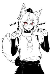 Rule 34 | 1641 (chfhrtor94), 1girl, animal ears, black gloves, black skirt, blush, bridal gauntlets, bright pupils, english text, gloves, hair between eyes, hands up, hat, highres, inubashiri momiji, looking at viewer, monochrome, open mouth, paw pose, red eyes, shirt, simple background, skirt, sleeveless, sleeveless shirt, solo, sound effects, tail, tokin hat, touhou, turtleneck, upper body, white background, white hair, white pupils, white shirt, wolf ears, wolf tail