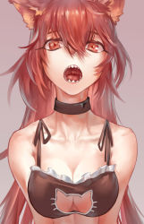 Rule 34 | 1girl, :o, animal ears, azomo, breasts squeezed together, breasts, cat cutout, cat lingerie, cleavage, cleavage cutout, clothing cutout, collarbone, eyebrows, frills, hair between eyes, highres, large breasts, long hair, looking at viewer, meme attire, original, red eyes, red hair, sharp teeth, solo, teeth, underwear, underwear only, upper body, uvula