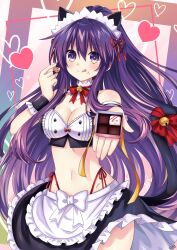 Rule 34 | 1girl, breasts, chocolate, cleavage, date a live, heart, highres, large breasts, long hair, looking at viewer, midriff, navel, purple eyes, purple hair, smile, thong, tongue, tongue out, valentine, yatogami tooka