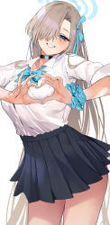 Rule 34 | 1girl, asuna (blue archive), blue archive, blue bow, blue eyes, blue ribbon, blush, bow, bowtie, breasts, choker, collared shirt, grey skirt, grin, hair over one eye, hair ribbon, halo, heart, heart hands, highres, large breasts, light brown hair, long hair, looking at viewer, marushin (denwa0214), pleated skirt, ribbon, school uniform, shirt, short sleeves, skirt, smile, solo, thighs, white shirt