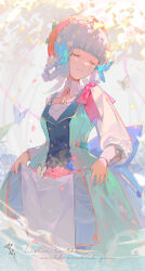 Rule 34 | 1girl, absurdres, aqua dress, ayaka (genshin impact), blue hair, blunt bangs, blunt tresses, brown headwear, bug, butterfly, butterfly hair ornament, closed eyes, closed mouth, commentary request, cowboy shot, dress, english text, flower, genshin impact, hair ornament, highres, insect, kamisato ayaka, kamisato ayaka (springbloom missive), light blue hair, long sleeves, multicolored clothes, multicolored dress, neck tassel, official alternate costume, official alternate hairstyle, skirt basket, skirt hold, smile, solo, tolu ya, white dress, white flower
