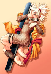 Rule 34 | 1girl, ass, barefoot, blonde hair, bodysuit, breasts, chiba toshirou, feet, fishnet bodysuit, fishnet top, fishnets, folded fan, folding fan, full body, hand fan, hugging object, medium breasts, naruto, naruto (series), nipples, quad tails, simple background, solo, temari (naruto), tongue, tongue out