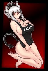 Rule 34 | 1girl, absurdres, apron, ass, barefoot, black background, black headwear, breasts, crown, demon girl, demon horns, demon tail, feet, gradient background, hair intakes, hand on own breast, helltaker, highres, horns, looking at viewer, lucifer (helltaker), red background, red eyes, solo, tail, toes, unhappy, white hair, white horns