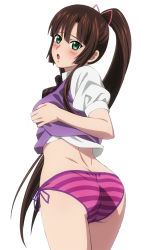 Rule 34 | 10s, 1girl, ass, blush, breasts, brown hair, clothes lift, dimples of venus, from behind, green eyes, high ponytail, highres, kekke, kirasaka sayaka, long hair, looking back, no pants, open mouth, panties, ponytail, purple panties, shirt lift, side-tie panties, simple background, solo, strike the blood, striped clothes, striped panties, underwear, white background