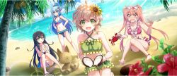 +_+ 4girls :d :o ahoge anklet aqua_(konosuba) armpit_crease bare_arms bare_legs bare_shoulders barefoot beach bead_anklet bead_bracelet beads bikini bikini_shorts black_hair blonde_hair blue_bikini blue_eyes blue_flower blue_hair blue_scrunchie blush bow bow_bikini bracelet breasts cielo_(konosuba) cleavage coconut coconut_tree collarbone crab criss-cross_straps day diagonal_bangs double-parted_bangs erika_(konosuba) eyewear_on_head flower frilled_bikini frills front-tie_bikini_top front-tie_top furrowed_brow game_cg green_bikini green_eyes hair_beads hair_flower hair_ornament hair_rings hairclip heart heart-shaped_eyewear hibiscus highres horizon jewelry kneeling knees_together_feet_apart kono_subarashii_sekai_ni_shukufuku_wo! konosuba!_fantastic_days large_breasts lia_(konosuba) light_blush long_hair looking_at_viewer medium_breasts multiple_girls navel nose_blush ocean official_alternate_costume official_art open_mouth outdoors pain palm_tree pink-tinted_eyewear pink_bikini pink_bow pink_eyes pink_hair raised_eyebrows red_flower sand sand_sculpture scrunchie shade shiny_skin short_hair shorts sidelocks single_hair_ring single_sidelock sitting small_breasts smile sparkle standing stomach sunflower sunflower_hair_ornament sunlight swimsuit teardrop tinted_eyewear tree twintails very_long_hair water waves wavy_hair white-framed_eyewear white_bikini wrist_scrunchie