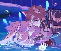 Rule 34 | 1boy, 1girl, animal ear fluff, animal ears, aqua eyes, armor, blue eyes, blush, brown hair, bubble, closed eyes, couple, crossed bangs, dog boy, dress, fox boy, fox ears, frilled dress, frills, genshin impact, gloves, gorou (genshin impact), gradient hair, half gloves, hand on another&#039;s arm, hands on another&#039;s arms, hands on another&#039;s wrists, hetero, in water, japanese armor, looking at another, mao (expuella), moon (ornament), multicolored hair, noses touching, pink hair, ponytail, sangonomiya kokomi, signature, smile, streaked hair, twitter username, water, white hair