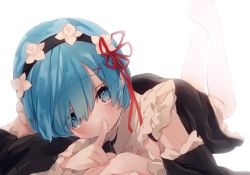 Rule 34 | 1girl, arm rest, black hairband, black ribbon, black sleeves, bloom, blue eyes, blue hair, blurry, blurry background, blush, commentary, depth of field, detached sleeves, eyes visible through hair, feet out of frame, female focus, finger to mouth, flower, frilled sleeves, frills, hair between eyes, hair flower, hair ornament, hair over one eye, hair ribbon, hairband, highres, index finger raised, legs up, long sleeves, looking at viewer, lying, matching hair/eyes, moni monico, no shoes, on stomach, parted lips, re:zero kara hajimeru isekai seikatsu, red ribbon, rem (re:zero), ribbon, roswaal mansion maid uniform, short hair, shushing, signature, solo, symbol-only commentary, the pose, thighhighs, white background, white flower, white thighhighs, wide sleeves, x hair ornament