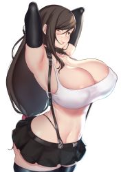 Rule 34 | 1girl, alternate breast size, armpits, arms behind head, arms up, aster crowley, black hair, breasts, brown eyes, cleavage, curvy, final fantasy, final fantasy vii, highres, huge breasts, long hair, looking at viewer, navel, smile, solo, sweat, thick thighs, thighs, tifa lockhart, white background, wide hips