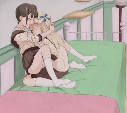 Rule 34 | 2 heartlight-67, 2girls, bed, bedroom, blonde hair, blush, bra, bra lift, brown hair, closed eyes, fingering, highres, hug, indoors, long hair, moaning, multiple girls, nekoyashiki mayu, nekoyashiki yuki, no shoes, on bed, open mouth, precure, school uniform, skirt, socks, underwear, wonderful precure!, yuri