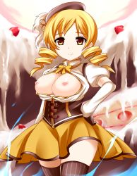 Rule 34 | 10s, 1girl, beret, blonde hair, bow, breasts, breasts out, brown eyes, corset, dress, drill hair, female focus, hair ornament, hand on own hip, hat, highres, hip focus, mahou shoujo madoka magica, mahou shoujo madoka magica (anime), nipples, no bra, open clothes, smile, solo, striped clothes, striped thighhighs, thighhighs, tomoe mami, twin drills, twintails, vertical-striped clothes, vertical-striped thighhighs, yellow eyes, yoshimo, zettai ryouiki
