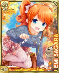 Rule 34 | 1girl, :o, autumn, autumn leaves, bag, blue eyes, blue sweater, bow, brown thighhighs, character name, day, forest, girlfriend (kari), handbag, jewelry, kneeling, leggings, nature, necklace, official art, open mouth, orange hair, outdoors, pink bow, pink skirt, plaid, plaid skirt, qp:flapper, sagara emi, skirt, solo, squirrel, sweater, tagme, thighhighs, tree