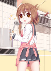 Rule 34 | 10s, 1girl, apron, brown eyes, brown hair, folded ponytail, hair between eyes, ikeda yuuki, inazuma (kancolle), kantai collection, ladle, long hair, md5 mismatch, personification, solo