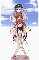 Rule 34 | &gt; &lt;, 10s, 4girls, :&lt;, :d, adapted costume, akatsuki (kancolle), blue eyes, brown hair, comic, closed eyes, folded ponytail, hair ornament, hairclip, hat, hibiki (kancolle), highres, human tower, ikazuchi (kancolle), inazuma (kancolle), kantai collection, long hair, looking at viewer, multiple girls, norata (artist), open mouth, personification, sailor collar, short hair, silver hair, smile, stacking, swimsuit, trembling