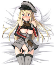 Rule 34 | 10s, 1girl, areola slip, bare shoulders, bed, bed sheet, bismarck (kancolle), black panties, blonde hair, blue eyes, blush, body blush, breasts, brown gloves, censored, clothes lift, collar, detached sleeves, embarrassed, female focus, gloves, grey shirt, grey thighhighs, hair between eyes, hand on own chest, hat, highres, kaminagi (kaminagi-tei), kantai collection, long hair, looking at viewer, lowleg, lowleg panties, lying, military, military uniform, no pants, on back, open mouth, panties, peaked cap, personification, pillow, pussy, shirt, shirt lift, skirt, sleeveless, sleeveless shirt, solo, tears, thigh gap, thighhighs, thighs, underboob, underwear, undressing, uniform
