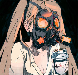 Rule 34 | 1girl, blonde hair, breasts, cleavage, drink, drinking, drinking straw, female focus, gas mask, mask, original, reflection, rei (pixiv 187780), solo, twintails