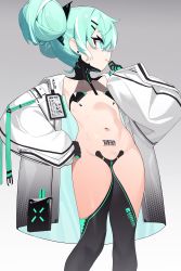 Rule 34 | 1girl, absurdres, aqua eyes, aqua hair, bandaid, bandaid on face, bandaid on nose, black gloves, black thighhighs, double bun, earrings, electricline, flat chest, gloves, gradient background, grey background, hair bun, headgear, highres, jacket, jewelry, looking to the side, navel, original, revealing clothes, solo, standing, thighhighs, white background, white jacket