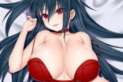 Rule 34 | 1girl, asamura hiori, azur lane, bed sheet, black hair, blush, breasts, choker, dress, fang, huge breasts, long hair, looking at viewer, lying, official alternate costume, on back, open mouth, red choker, red dress, red eyes, smile, solo, strap slip, taihou (azur lane), taihou (forbidden feast) (azur lane), upper body