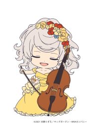 Rule 34 | 1girl, anya dostoyevskaya, aria (manga), blue flower, bow (music), chibi, closed eyes, collarbone, copyright name, copyright notice, dated, double bass, dress, earrings, flower, frilled dress, frills, grey hair, hair flower, hair ornament, highres, holding, holding instrument, instrument, jewelry, long hair, music, off-shoulder dress, off shoulder, official alternate costume, official art, open mouth, orange flower, playing instrument, red flower, simple background, solo, standing, white background, yellow dress, yellow flower