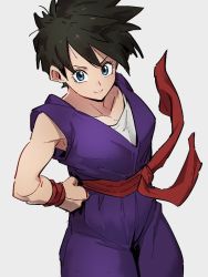 Rule 34 | 1girl, black hair, blue eyes, closed mouth, collarbone, cosplay, dougi, dragon ball, dragonball z, grey background, hand on own hip, kemachiku, looking at viewer, short hair, simple background, smile, solo, son gohan, son gohan (cosplay), videl