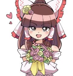 Rule 34 | 1girl, alternate costume, bead necklace, beads, black eyes, blunt bangs, blush, bouquet, bow, bright pupils, brown hair, commentary request, cookie (touhou), dress, flower, frilled bow, frilled hair tubes, frills, hair bow, hair flower, hair ornament, hair tubes, hakurei reimu, heart, holding, holding bouquet, jewelry, long hair, looking at viewer, medium bangs, necklace, off-shoulder dress, off shoulder, open mouth, pink flower, pink rose, rose, rurima (cookie), sidelocks, simple background, smile, sn (zigzagspark6), solo, touhou, upper body, wedding dress, white background, white bow, white dress, white pupils, yellow flower, yellow rose