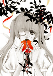 Rule 34 | 1girl, apple, bandage over one eye, eyepatch, female focus, food, fork, fruit, hatsune miku, karuto, knife, long hair, monochrome, solo, spot color, top secret (vocaloid), twintails, vocaloid
