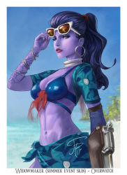 Rule 34 | 1girl, adjusting eyewear, arm tattoo, artist request, beach, bikini, blue bikini, blue sky, blurry, blurry background, border, bracelet, breasts, character name, colored skin, copyright name, cote d&#039;azur widowmaker, day, earrings, eyelashes, eyeliner, eyeshadow, eyewear on head, floral print, front-tie bikini top, front-tie top, gun, highres, holding, holding gun, holding weapon, hoop earrings, jewelry, justin paul, lips, long hair, looking at viewer, makeup, medium breasts, nail polish, navel, nose, official alternate costume, outdoors, overwatch, overwatch 1, parted lips, print sarong, purple hair, purple lips, purple nails, purple skin, reflection, rifle, sarong, shiny clothes, shore, short sleeves, signature, sky, smile, sniper rifle, solo, sunglasses, sunglasses on head, swimsuit, tattoo, upper body, watermark, weapon, web address, white border, widowmaker (overwatch), yellow eyes