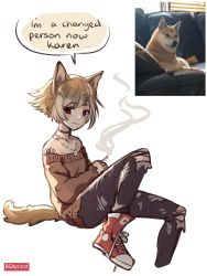 Rule 34 | 1girl, absurdres, animal ears, artist name, bare shoulders, brown eyes, brown hair, bsapricot, choker, cigarette, closed mouth, collarbone, denim, dog, dog ears, english text, highres, holding, holding cigarette, jeans, jewelry, long sleeves, looking at viewer, meme, multicolored hair, necklace, off-shoulder sweater, off shoulder, original, pants, photo-referenced, photo inset, reference inset, reference photo, shiba inu, shoes, short hair, sketch, smoking, sneakers, solo, speech bubble, sweater, tattoo, torn clothes, two-tone hair