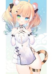 Rule 34 | 1girl, :p, ahoge, animal ear fluff, animal ears, blonde hair, braid, breasts, curly hair, dress, hands on own chest, heterochromia, highres, long hair, original, own hands together, ribbon, short dress, small breasts, smile, solo, tail, tail around own leg, thigh gap, thighs, tiger ears, tiger girl, tiger tail, tongue, tongue out, tsukimi (xiaohuasan), twintails, white dress