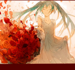 Rule 34 | 1girl, blue hair, bouquet, closed eyes, commentary, crying, dress, floating hair, flower, gradient background, grey dress, happy, hatsune miku, highres, letterboxed, long hair, outstretched arm, petals, pink background, puffy short sleeves, puffy sleeves, red flower, red rose, rose, short sleeves, simple background, smile, solo, solo focus, tears, teeth, twintails, vocaloid, white background