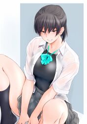 Rule 34 | 1girl, amagami, black eyes, black hair, black one-piece swimsuit, black socks, blue bow, bow, breasts, commentary request, competition swimsuit, feet out of frame, grey skirt, highres, large breasts, one-piece swimsuit, pleated skirt, ponytail, sasaki akira (ugc), see-through, see-through shirt, shirt, short hair, simple background, sitting, skirt, smile, socks, solo, swimsuit, swimsuit under clothes, thighs, tsukahara hibiki, wet, wet clothes, wet shirt, white shirt