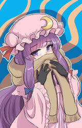 Rule 34 | 1girl, black gloves, blue background, blunt bangs, brown scarf, crescent, crescent hat ornament, dress, enpera, frills, gloves, hat, hat ornament, highres, long hair, looking at viewer, looking to the side, mob cap, namiki (remiter00), orange background, patchouli knowledge, pink dress, pink hat, purple dress, purple eyes, purple hair, purple hat, scarf, scarf over mouth, solo, touhou, two-tone background, upper body, wavy background, wide sleeves