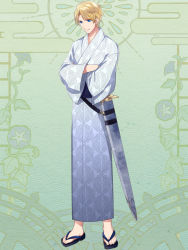 Rule 34 | 1boy, bishounen, blonde hair, commission, crossed arms, dairoku ryouhei, full body, green background, grey kimono, japanese clothes, kimono, l (matador), male focus, sandals, sheath, sheathed, simple background, solo, standing, wide sleeves