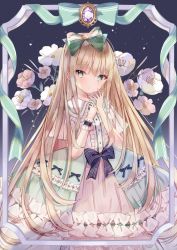 Rule 34 | 1girl, absurdres, blonde hair, buttons, closed mouth, commentary request, dress, flower, frilled dress, frills, green eyes, hair ribbon, highres, huge filesize, kotamun, lolita fashion, long hair, looking at viewer, original, ribbon, shawl, short sleeves, single wrist cuff, solo, standing, striped ribbon, very long hair, wrist cuffs
