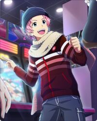 Rule 34 | 1boy, arcade, black headwear, blue eyes, clenched hand, coat, fingernails, hat, idolmaster, idolmaster side-m, idolmaster side-m growing stars, kabuto daigo, long sleeves, male focus, official art, open mouth, out of frame, pink hair, pointing, scarf, smile, solo focus, striped, striped coat, teeth, upper teeth only