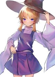 Rule 34 | 1girl, :/, absurdres, blonde hair, blush, breasts, cowboy shot, hair ribbon, hand on own hip, hand up, hat, highres, leste (humansequencer), moriya suwako, purple eyes, purple skirt, ribbon, short hair with long locks, simple background, skirt, skirt set, small breasts, solo, thighhighs, touhou, vest, white background, wide sleeves