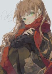 Rule 34 | 1girl, artist name, black shirt, blush, brown skirt, crossed arms, feet out of frame, from side, green eyes, highres, hugging own legs, looking at viewer, original, potg (piotegu), red scarf, scarf, shirt, signature, sitting, skirt, solo