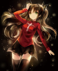 Rule 34 | 1girl, arm up, bad id, bad pixiv id, black background, black thighhighs, brown hair, fate/stay night, fate (series), glowing, green eyes, hair ribbon, hanchan, hand on own head, light particles, long hair, long sleeves, ribbon, shirt, skirt, solo, star (symbol), thigh gap, thighhighs, tohsaka rin, two side up