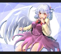 Rule 34 | 1girl, blue background, bow, bowtie, braid, brooch, cardigan, commentary request, cowboy shot, dress, french braid, highres, jewelry, kishin sagume, letterboxed, long sleeves, looking at viewer, oshiaki, purple dress, red eyes, single wing, solo, touhou, white hair, white wings, wings
