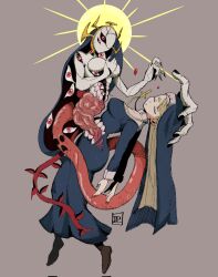 Rule 34 | 1girl, black nails, blonde hair, brown background, closed eyes, cross, cross necklace, crown, double (skullgirls), dual persona, full body, habit, highres, intestines, jewelry, jp draw23, long hair, monster, monster girl, necklace, nun, red eyes, red nails, skullgirls, solo, sun, tentacles, veins
