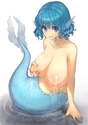 Rule 34 | 1girl, blue eyes, blue hair, blush, breast hold, breasts, collarbone, drill hair, fins, head fins, huge breasts, jpeg artifacts, lactation, looking at viewer, looking up, matching hair/eyes, md5 mismatch, mermaid, monster girl, nipples, nude, open mouth, oruka (kamituki0827), partially submerged, resized, resolution mismatch, short hair, simple background, slime (substance), smile, solo, source larger, tongue, tongue out, touhou, wakasagihime, water