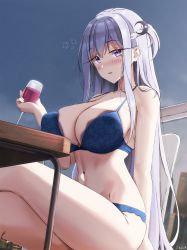 Rule 34 | 1girl, alcohol, bare arms, bare legs, bare shoulders, blue bra, blue panties, bra, breasts, cleavage, collarbone, crossed legs, cup, cupping glass, drinking glass, drunk, from below, hair ornament, highres, indoors, keenh, large breasts, lingerie, long hair, looking at viewer, navel, one side up, original, outdoors, panties, purple eyes, purple hair, sidelocks, sitting, skindentation, sky, solo, squeans, strap gap, table, underwear, underwear only, very long hair, wine, wine glass