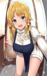 Rule 34 | 1girl, ahoge, blonde hair, blue eyes, breasts, hachimiya meguru, hair ornament, hairclip, idolmaster, idolmaster shiny colors, kanikou, leaning forward, long hair, looking at viewer, low twintails, medium breasts, open mouth, smile, solo, twintails