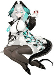 Rule 34 | 1girl, absurdres, arknights, black footwear, black jacket, black pantyhose, breasts, cup, fingerless gloves, flats, gloves, green eyes, grey hair, hair between eyes, hand up, head wings, highres, ho&#039;olheyak (arknights), holding, holding cup, jacket, large breasts, long hair, long sleeves, looking at viewer, open clothes, open jacket, pantyhose, parted lips, red pupils, renxzd, shirt, simple background, sitting, smile, solo, tail, white background, white gloves, white shirt, wings