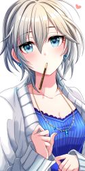 Rule 34 | 1girl, absurdres, anastasia (idolmaster), blue eyes, blue shirt, blush, breasts, cardigan, cleavage, collarbone, food, grey hair, heart, highres, idolmaster, idolmaster cinderella girls, looking at viewer, medium breasts, mouth hold, pocky, popon ta, shirt, simple background, solo, upper body, white background, white cardigan