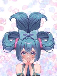 Rule 34 | 1girl, aqua eyes, aqua hair, aqua necktie, bare shoulders, black sleeves, blue bow, blush, bow, cinnamiku, closed mouth, collared shirt, commentary, detached sleeves, folded twintails, grey shirt, hair between eyes, hair bow, hair ornament, hands on own face, hatsune miku, heart, heart background, highres, long hair, looking at viewer, necktie, seoki (hi3031), shirt, sleeveless, sleeveless shirt, smile, solo, twintails, upper body, very long hair, vocaloid, wide sleeves