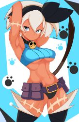 Rule 34 | 1girl, abs, armpits, arms up, artist name, bea (pokemon), bell, belt, belt buckle, belt pouch, black collar, black gloves, black hairband, black panties, blue eyes, bow hairband, breasts, buckle, cat tail, closed mouth, collar, commentary, cosplay, cowboy shot, creatures (company), crop top, dark-skinned female, dark skin, detached leggings, fingerless gloves, game freak, gloves, grey hair, gym leader, hair between eyes, hairband, highres, jellcaps, looking at viewer, medium breasts, midriff, ms. fortune (skullgirls), ms. fortune (skullgirls) (cosplay), navel, neck bell, nintendo, panties, paw print, pokemon, pokemon swsh, pouch, scar, short hair, signature, skullgirls, solo, standing, stomach, tail, thick thighs, thighhighs, thighs, toned, underboob, underwear