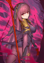 Rule 34 | 1girl, armor, ass, bare tree, bodysuit, breasts, commentary request, dual wielding, fate/grand order, fate (series), gae bolg (fate), hair intakes, highres, holding, holding weapon, langya beike, large breasts, leotard, long hair, looking at viewer, pauldrons, polearm, purple background, purple bodysuit, purple hair, purple leotard, red eyes, scathach (fate), shoulder armor, smile, solo, spear, tree, veil, weapon